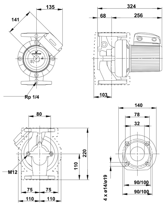 ابعاد و اندازه پمپ سیرکولاتور خطی گراندفوس Grundfos مدل UPS 32-120 F