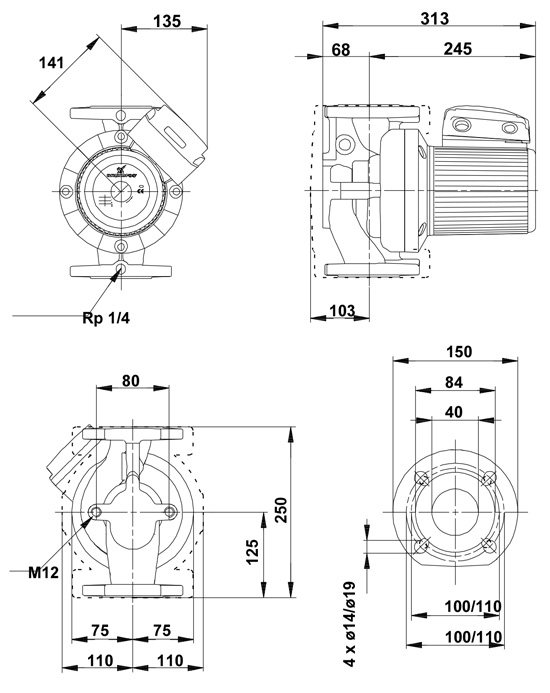 ابعاد و اندازه پمپ سیرکولاتور خطی گراندفوس Grundfos مدل UPS 40-120 F