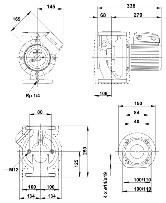 ابعاد و اندازه پمپ سیرکولاتور خطی گراندفوس Grundfos مدل UPS 40-180 سه فاز