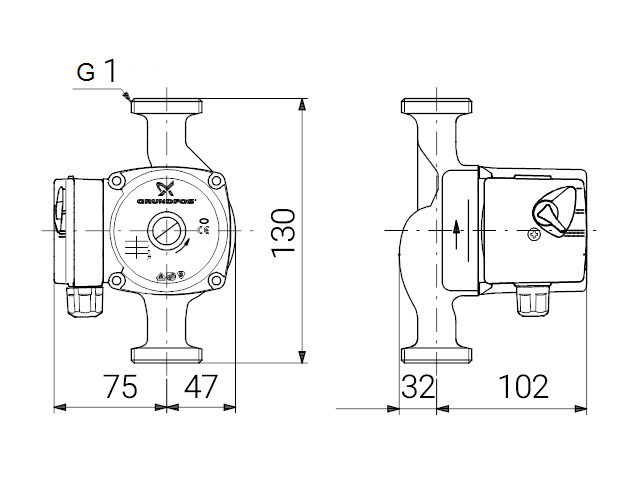 دیاگرام ابعاد و اندازه پمپ سیرکولاتور خطی گراندفوس Grundfos مدل UPS 15-20 130