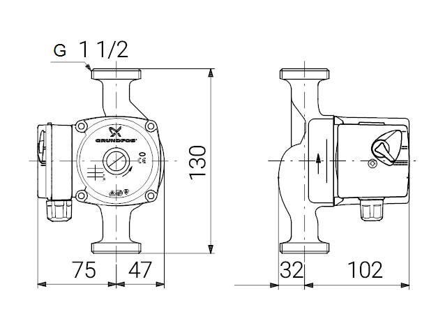 دیاگرام ابعاد و اندازه پمپ سیرکولاتور خطی گراندفوس Grundfos مدل UPS 25-50 130