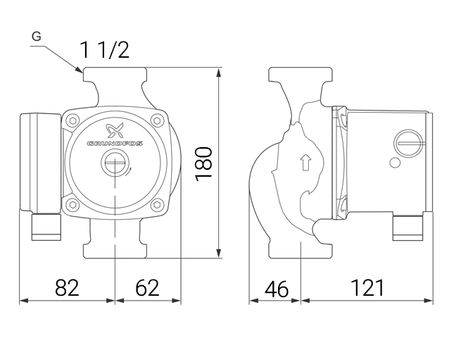 دیاگرام ابعاد و اندازه پمپ سیرکولاتور خطی گراندفوس Grundfos مدل UPS 25-55 180