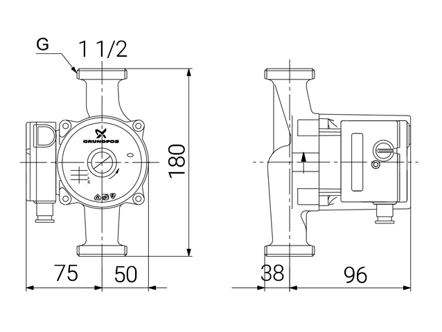 دیاگرام ابعاد و اندازه پمپ سیرکولاتور خطی گراندفوس Grundfos مدل UPS 25-50 180