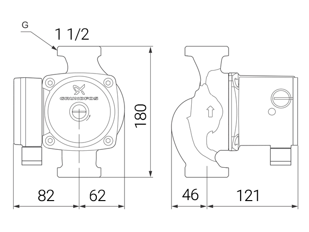 دیاگرام ابعاد و اندازه پمپ سیرکولاتور خطی گراندفوس Grundfos مدل UPS 25-80 180