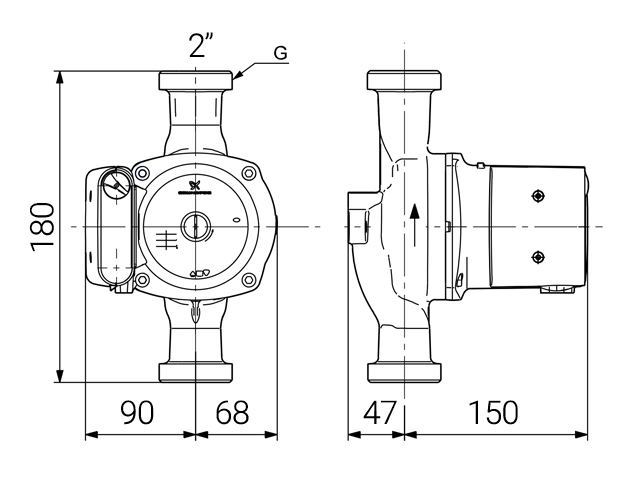 دیاگرام ابعاد و اندازه پمپ سیرکولاتور خطی گراندفوس Grundfos مدل UPS 32-100 180