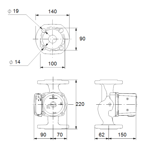 دیاگرام ابعاد و اندازه پمپ سیرکولاتور خطی گراندفوس Grundfos مدل UPS 32-100 F 220