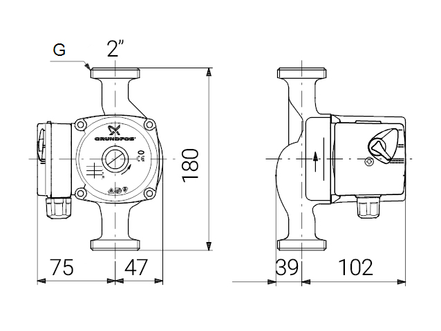 دیاگرام ابعاد و اندازه پمپ سیرکولاتور خطی گراندفوس Grundfos مدل UPS 32-60 180