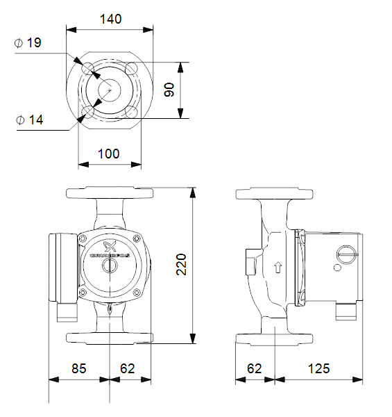 دیاگرام ابعاد و اندازه پمپ سیرکولاتور خطی گراندفوس Grundfos مدل UPS 32-50 F 220