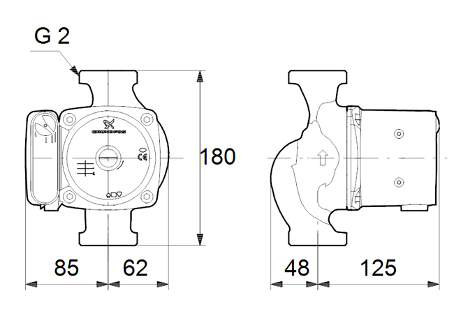 دیاگرام ابعاد و اندازه پمپ سیرکولاتور خطی گراندفوس Grundfos مدل UPS 32-55 180