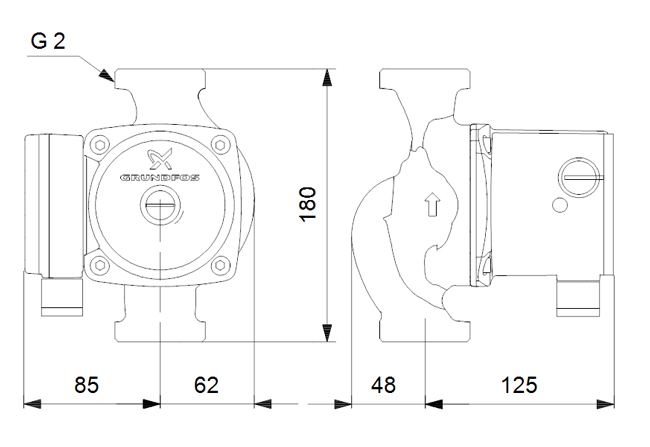 دیاگرام ابعاد و اندازه پمپ سیرکولاتور خطی گراندفوس Grundfos مدل UPS 32-80 180