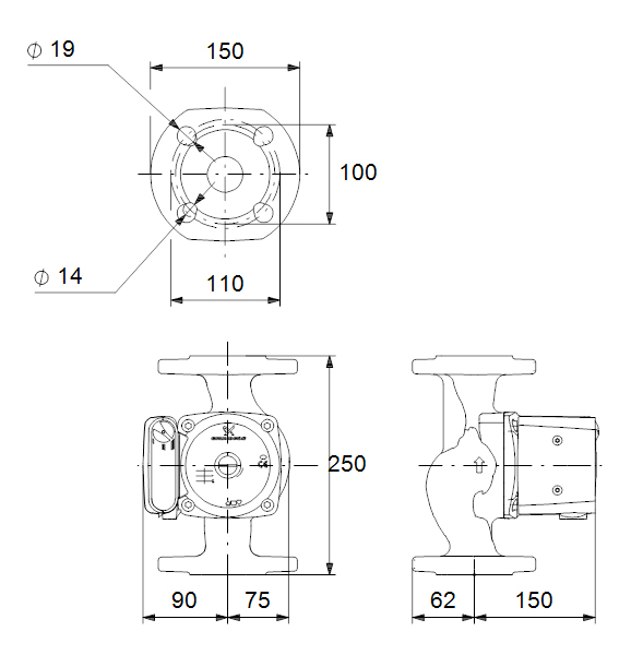 دیاگرام ابعاد و اندازه پمپ سیرکولاتور خطی گراندفوس Grundfos مدل UPS 40-100 F 250