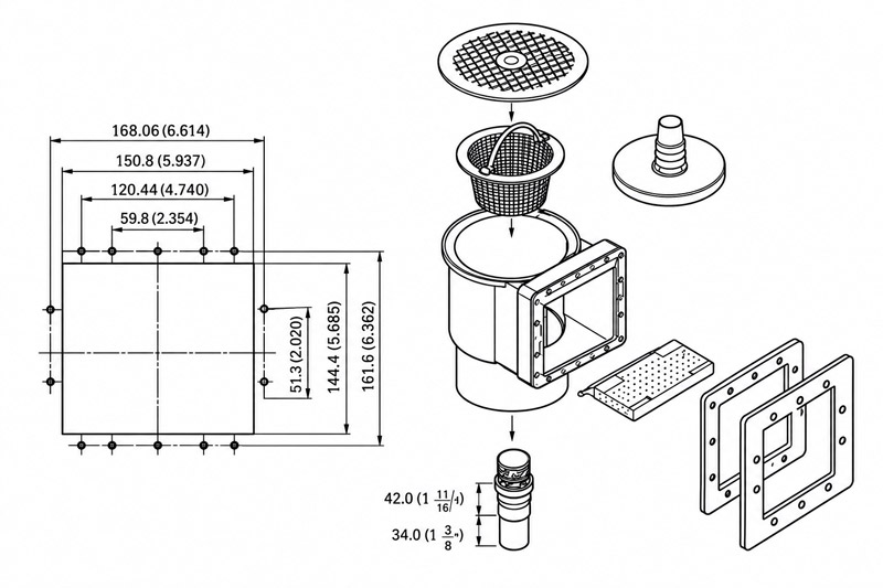 دیاگرام و ابعاد اسکیمر استخر هایواتر مدل HW1069