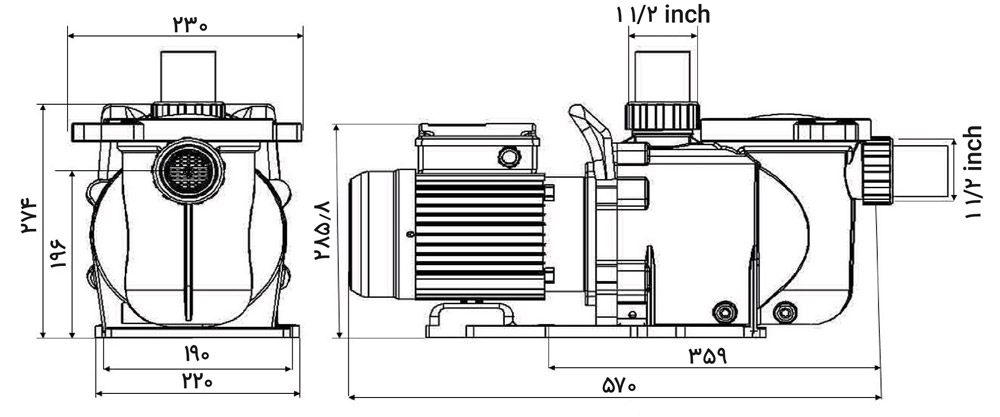 ابعاد و اندازه پمپ استخری سمنان انرژی (نوید موتور) سری SFP
