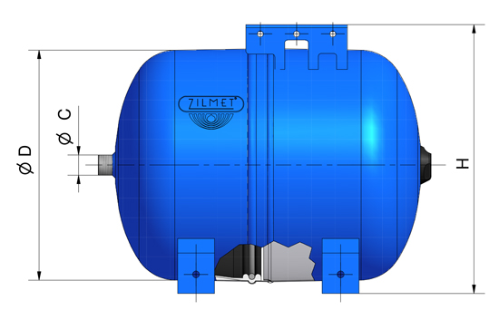 ابعاد و اندازه منبع تحت فشار دیافراگمی افقی زیلمت Zilmet ایتالیا سری Hydro-Pro