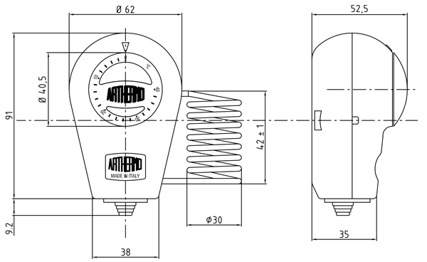 ابعاد و اندازه ترموستات دنباله دار آرترمو Arthermo مدل ARTH090